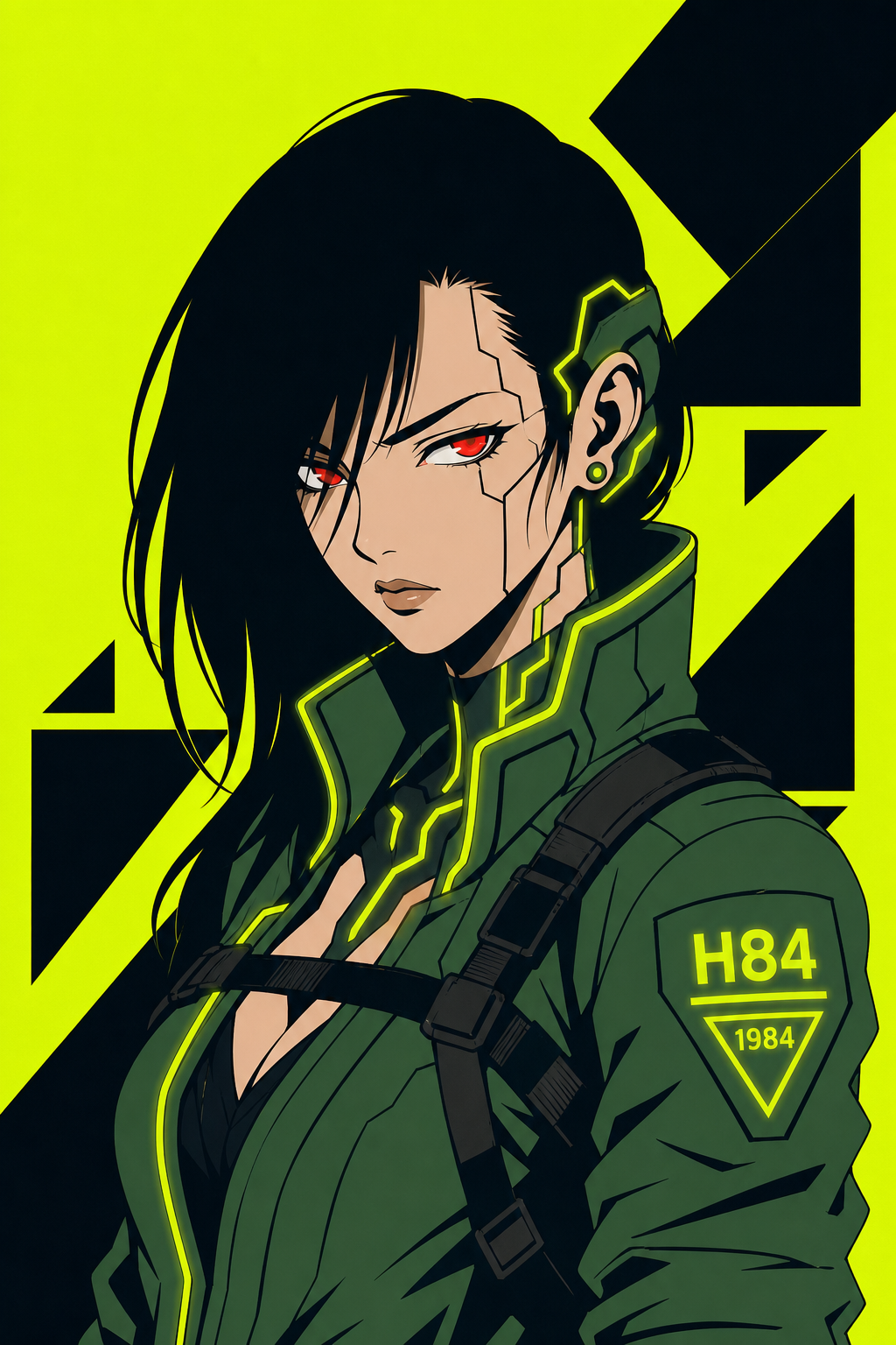 JULIA — HOOD 1984 lead tracer. Cyberpunk anime operator with neon lime circuit lines.