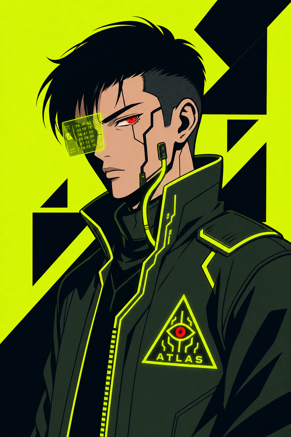 JIN — ATLAS contract surgeon. Cyberpunk operator with neon visor over one eye.